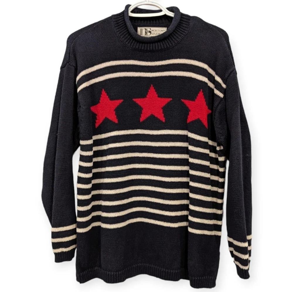 Vintage Red White & Blue Star Striped Knit  Turtle Neck Sweater Women L USA